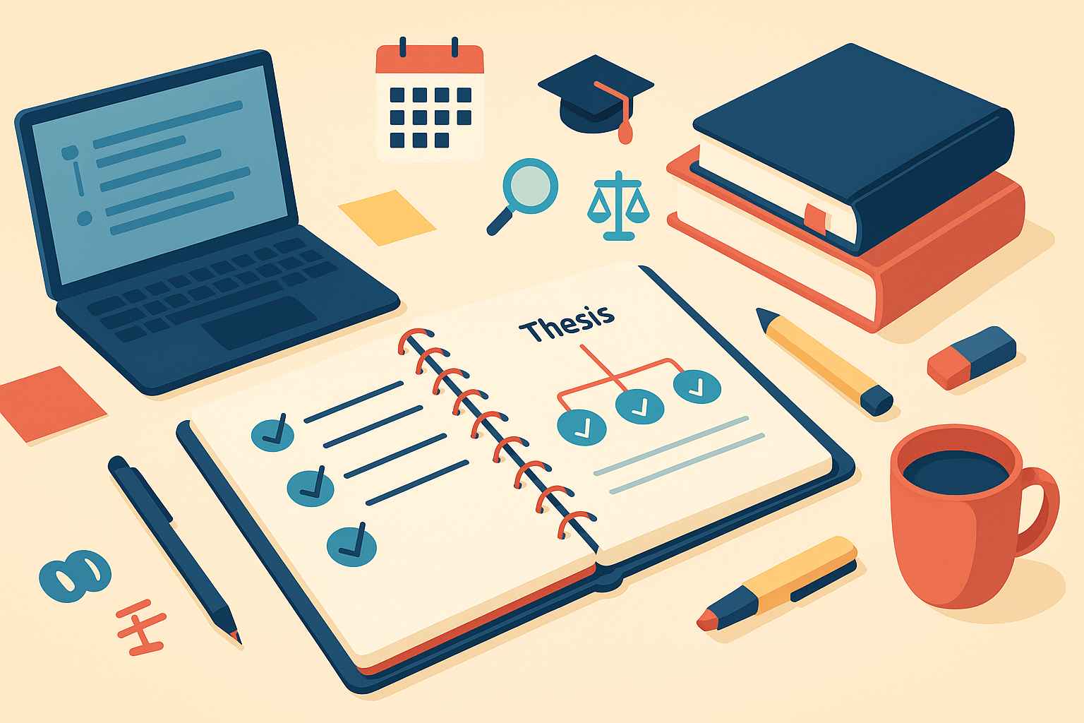Flat illustration of an essay-planning workspace: notebook with “Thesis” checklist, laptop, books, pencil, and a coffee cup