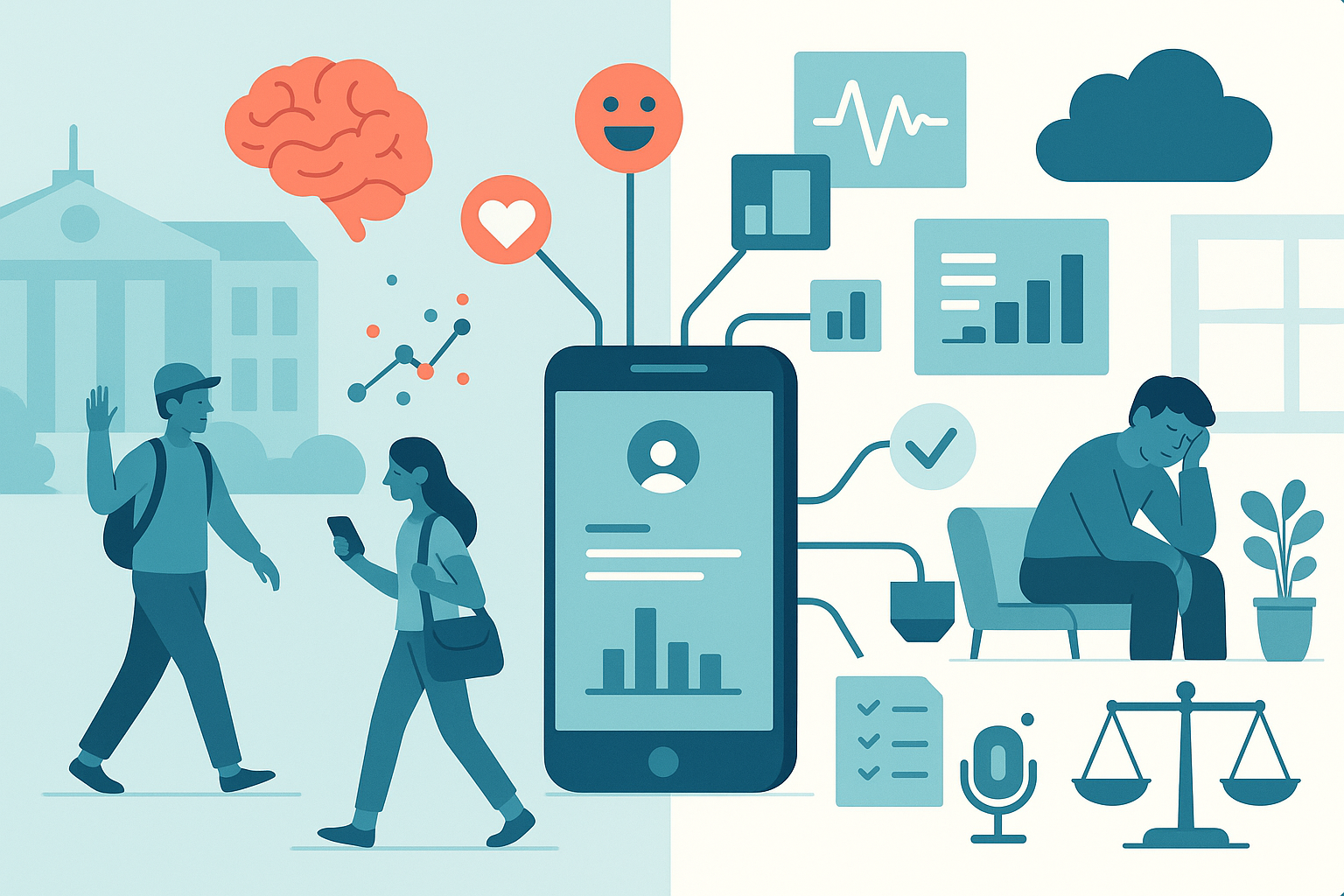 Two-scene illustration of college students and social media: active campus on the left, anxious student in a dorm on the right, central smartphone with icons and metrics