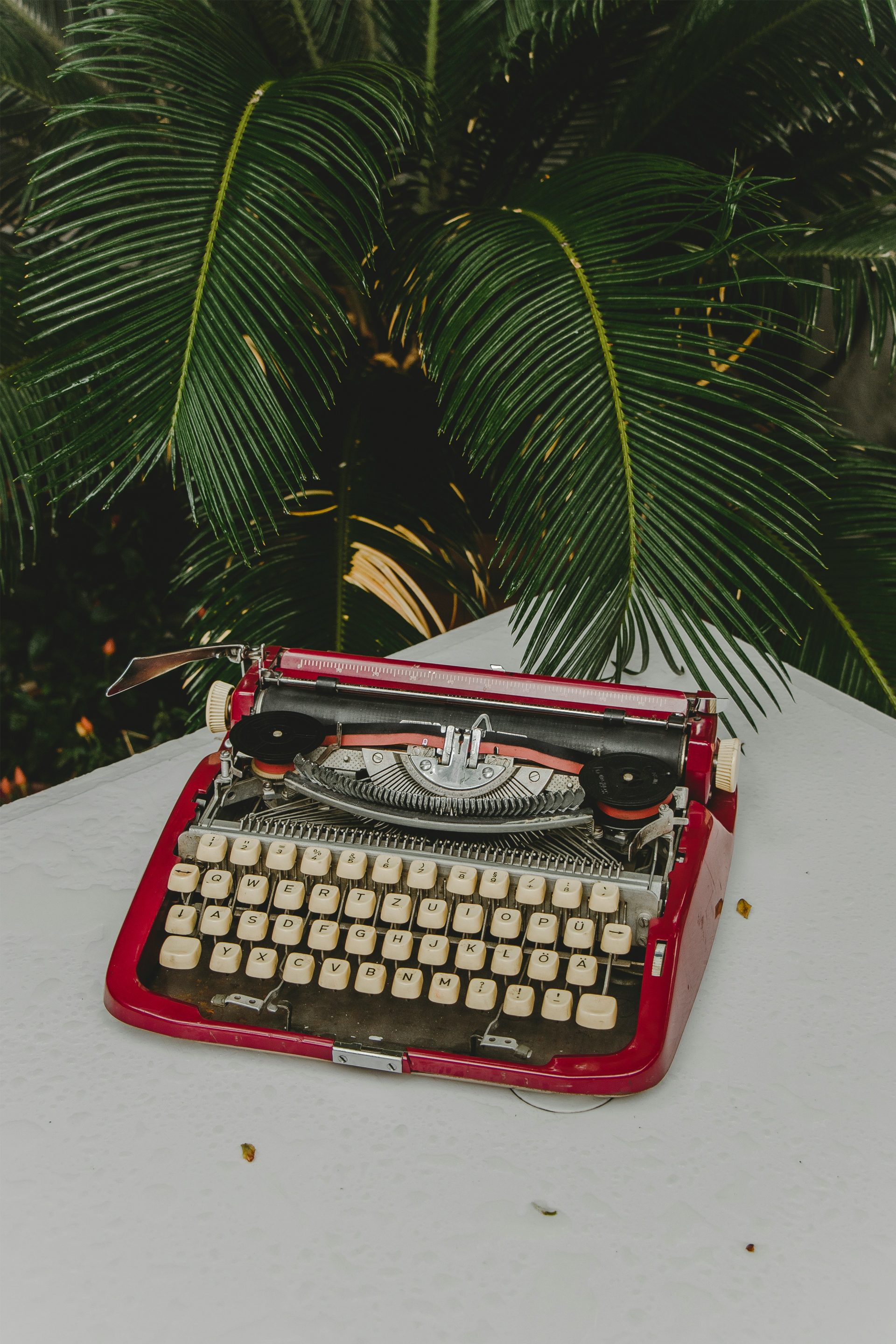 Vintage red typewriter on a white desk with palm leaves in the background – symbol of creativity and writing research papers.