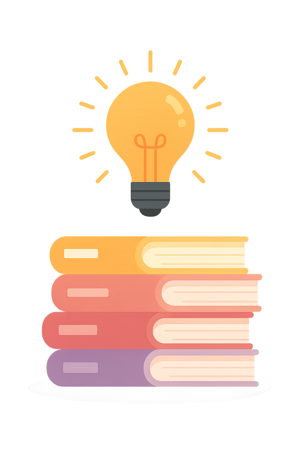 Illustration of a glowing light bulb above a stack of four colorful books, symbolizing knowledge and ideas.