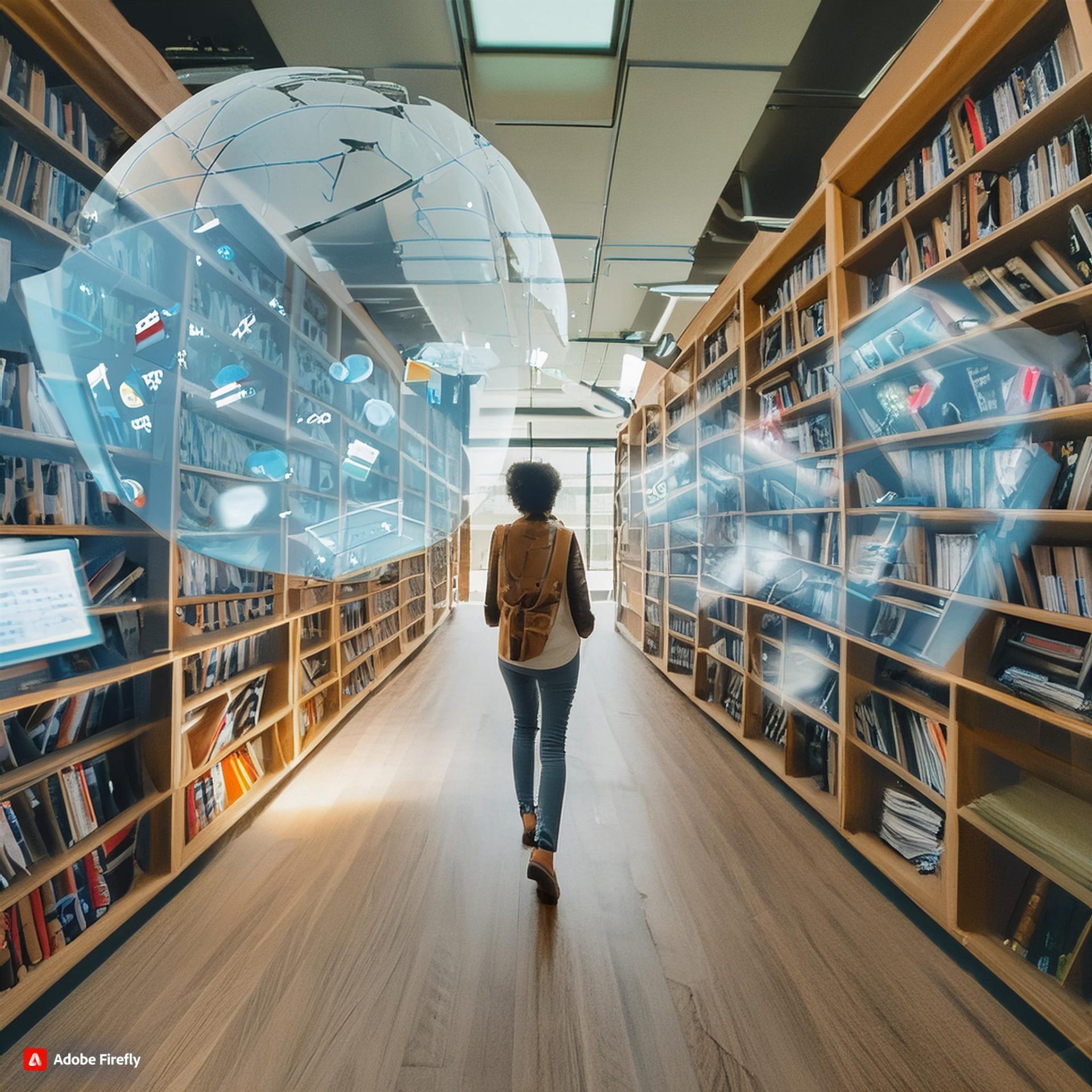 Firefly-Library-in-a-bustling-European-city-filled-with-books-screens-people-and-data.-Hyper-rea